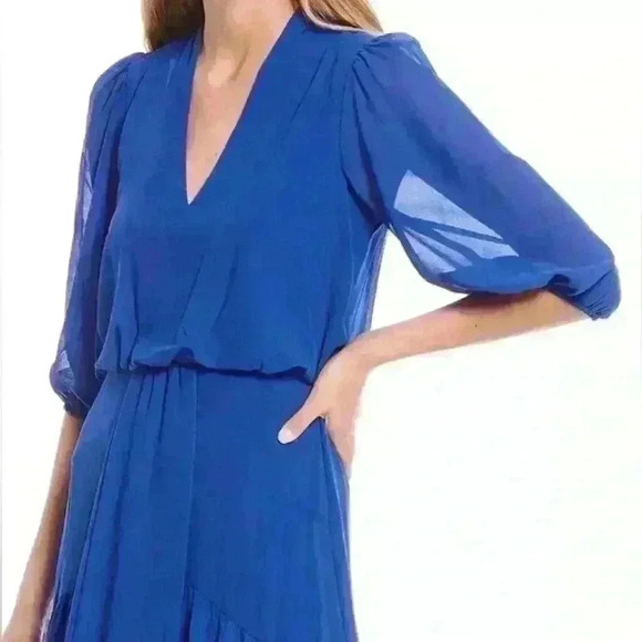 NWT Taylor Royal Blue Azure Chiffon V Neck High Low Women’s Midi Dress Size 2 - Picture 3 of 11